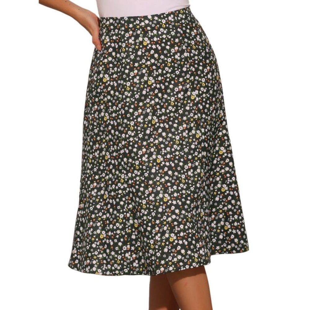 Floral Peasant Elastic Waist A-Line Leave Print Midi Skirt Floral Black White